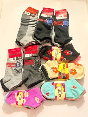 Mamia Kids No-Show and Ankle Socks - Black, Gray, Pink, Peach, Aqua 27 Pairs